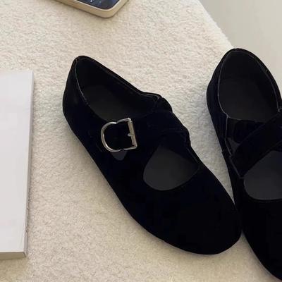 Leather Retro Suede Cross Belt Mary Jane Single Shoes Women's Spring and Autumn New Versatile Round Head Flat Ballet Shoes
