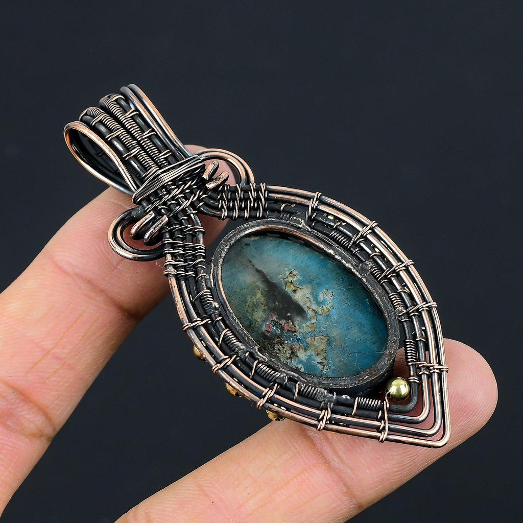 Neon Blue Apatite Gemstone Pure Copper Wire Wrapped Handmade Pendant Jewelry For Gift