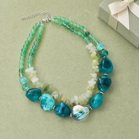 Doppellagige Kieskette, Halskette mit verstellbarer Kettenlänge, Mehrschichtige klobige grüne Perlenkette Schmuck für Damen
