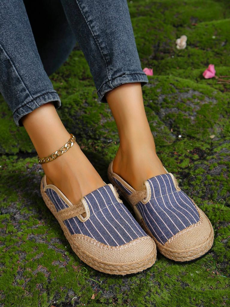 Women's Elegant Soft Sole Flats, Casual Linen Round Toe Slip-on Walking Shoes, Breathable Low-top Daily Footwear