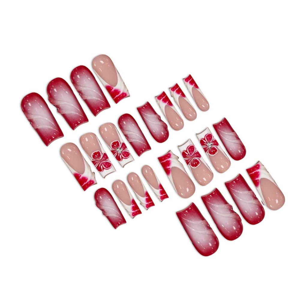 Press on Nails Long Square Fake Nails Acrylic Glossy False Nails with 3D Flower Designs Reusable Full Cover Artificial Nail Supplies for Women 24Pcs