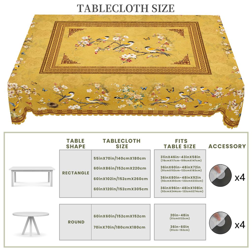 1 Piece Retro Style Flower And Bird Print Round Tablecloth, 5 Sizes Available, Square Tablecloth With Retro Shading Plum Blossom Flower And Bird Print