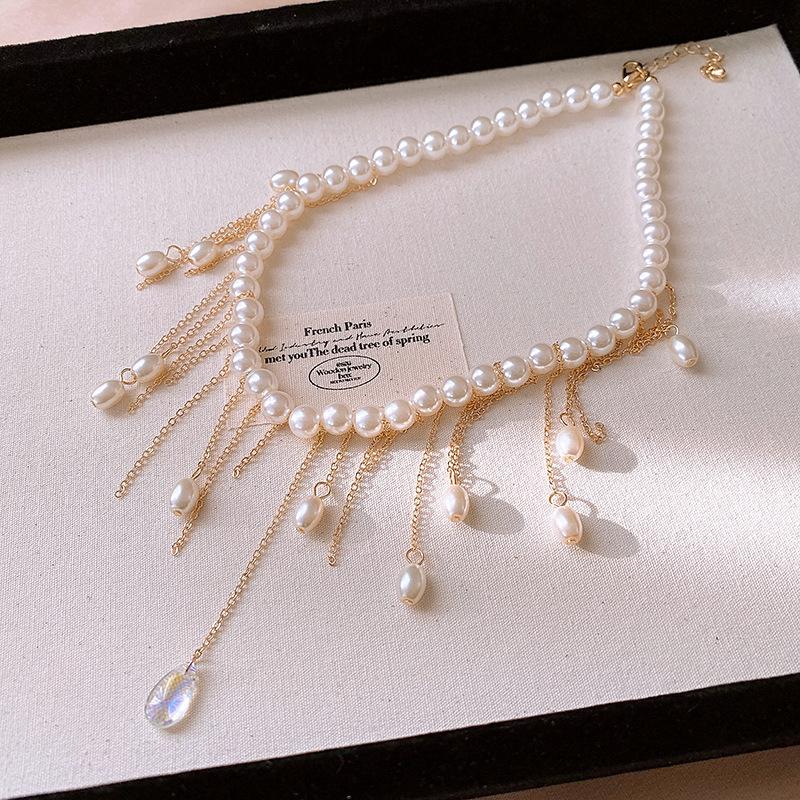 Baroque Water Drop Pearl Fringe Necklace Temperament Collarbone Chain French Retro Necklace Women