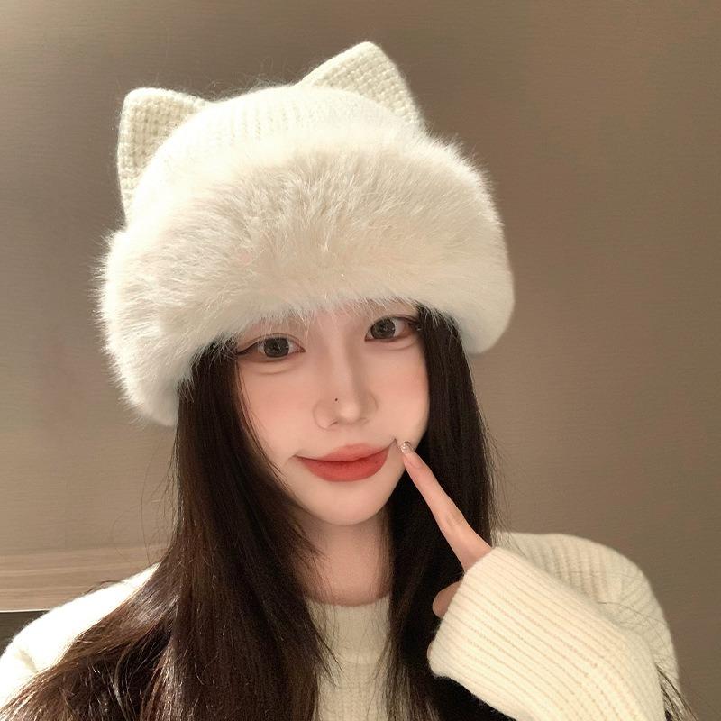 Women Winter Knit Hat With Cute Cat Ears Thick Warm Ear Protection