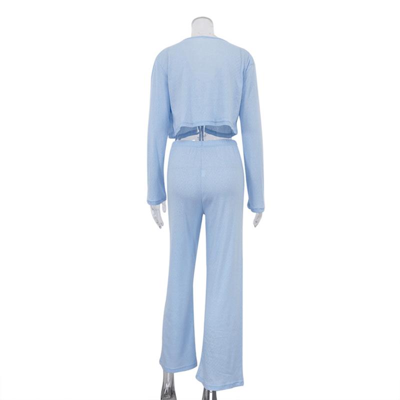 New Solid Color Knitted Jacquard Long Sleeve Open Umbilical Pajama Pants Two Piece Comfortable Home Clothes for Women