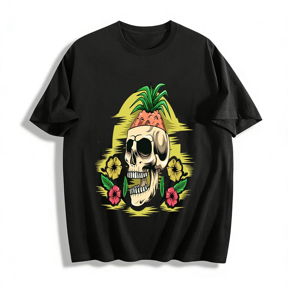 Tropical Pineapple Skull Floral Print Casual Short Sleeve T-Shirt Pure cotton T-shirt XXS