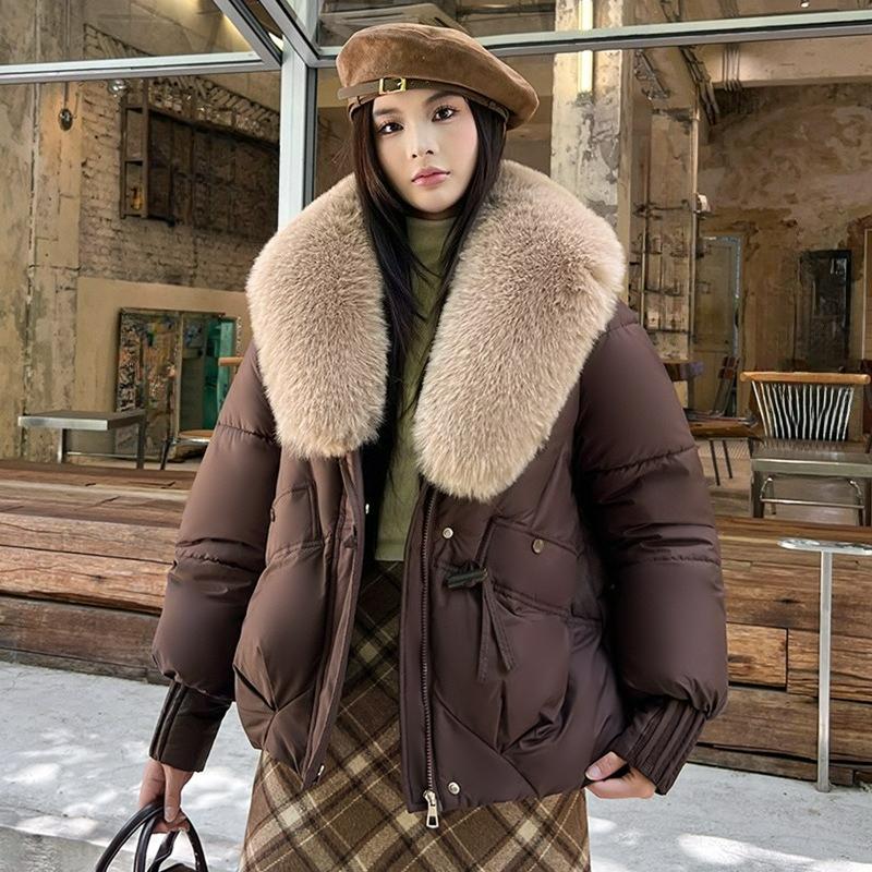 Winter Style Big Fur Collar Cotton Jacket, Down Cotton Jacket, Women's Short Thickened Anti-fur Jacket, Small Protective Jacket