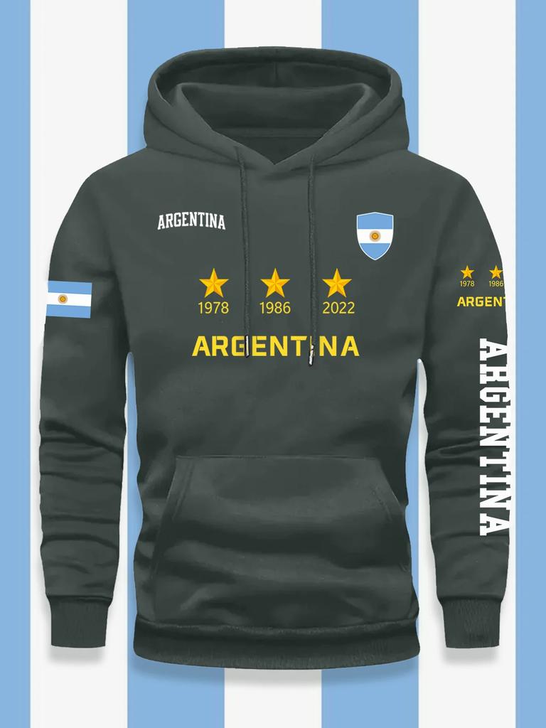 Men Fleece Hoodie Minimalist Argentina Three World Cup Stars Flag Print Football Fan Loose Daily Casual Hooded Top