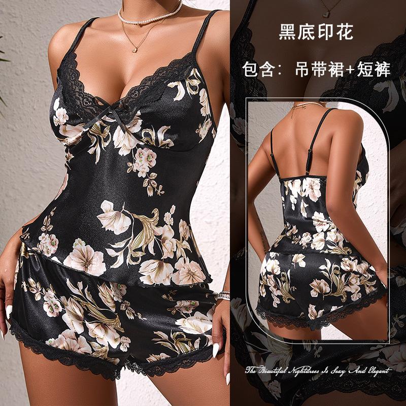 New ice silk printing breathable thin shorts women s homewear imitation silk suspender top sexy pajamas 488 S