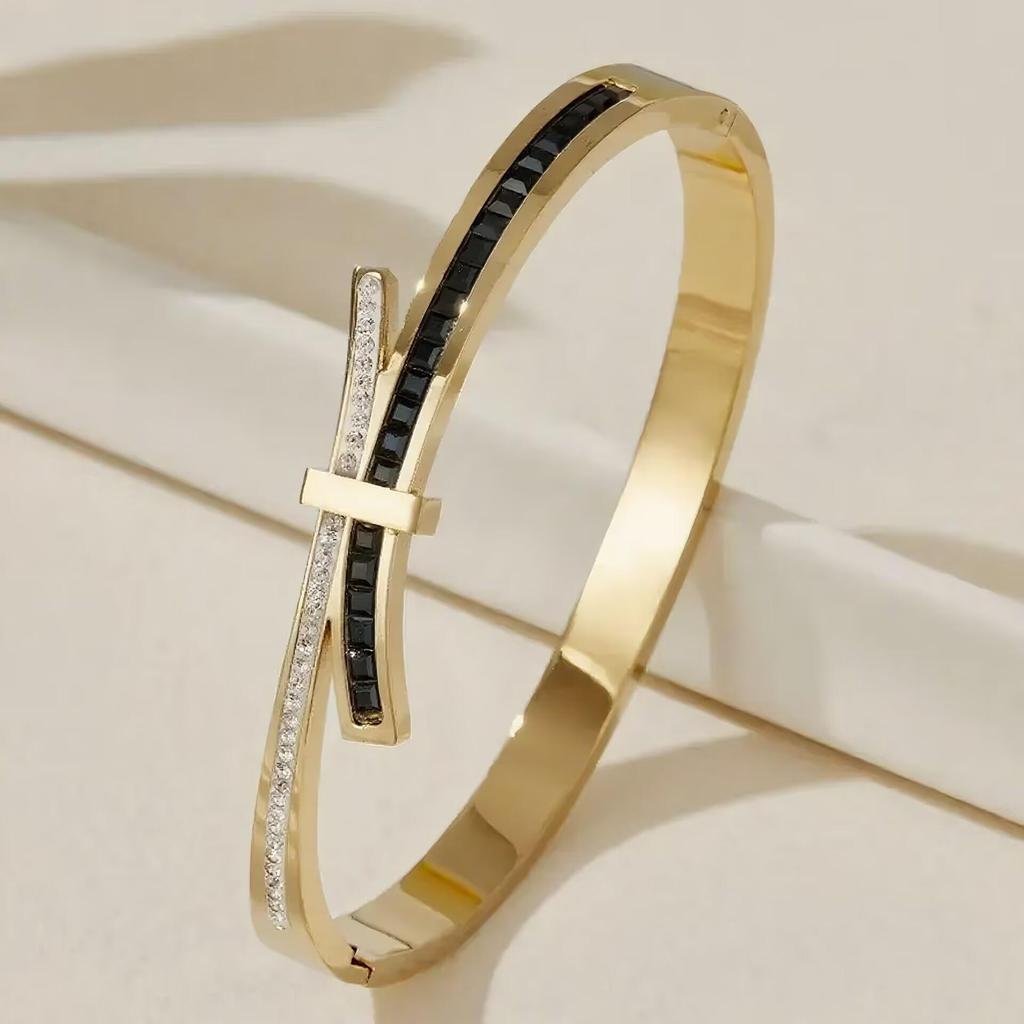 Bracelet de Luxe en Acier Inoxydable pour Femme: Titane Électroplaqué, Sertissage Diamants Complet, Style Européen-Américain