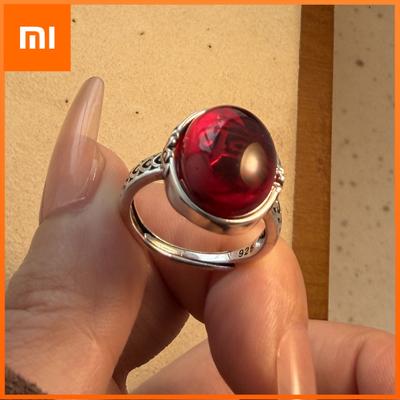 925 Sterling Silver Rings for Women Couple Minimalist Handmade Simple Red Big Stone Ring Fine Jewelry Gift Prevent Allergy