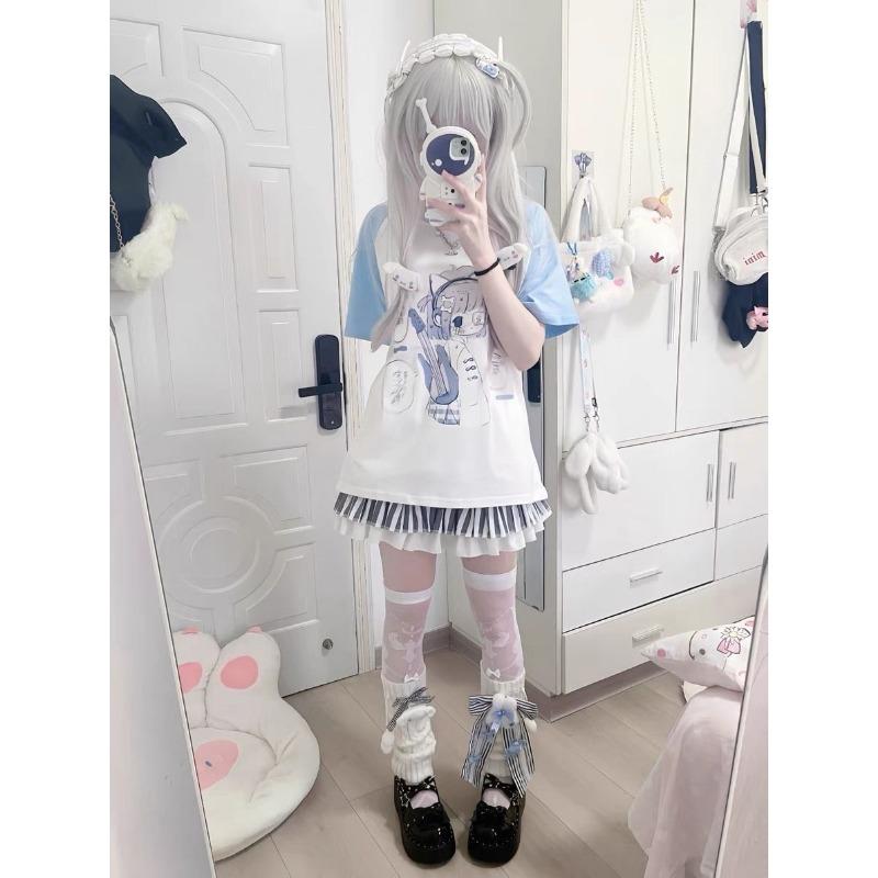 Japanese Kawii Sweet T Shirt Summer New Loose Patchwork Blouse Female Casual Short Sleeve Shirt Outdoor Fashion Clothing