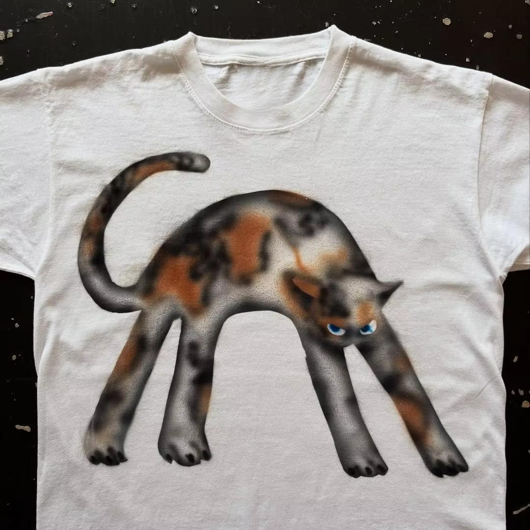 

American Harajuku Cartoon Cat Pattern Pure Cotton T-shirt Y2k Retro Loose Oversized Street Sports Couple Half Sleeved Top Kawaii 4XL