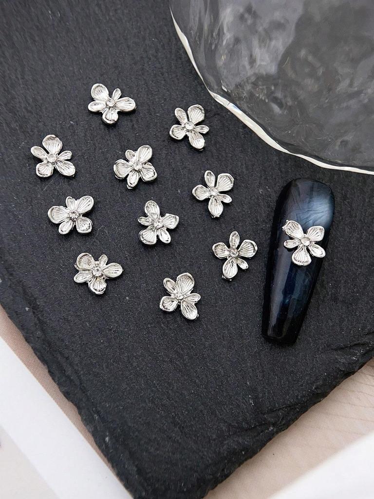 10pcs Flowers Nail Drills Rhinestones & Alloy Five-petal Flower Nail Art Decorations DIY Nail Charms Nail Gems Nail Supplies