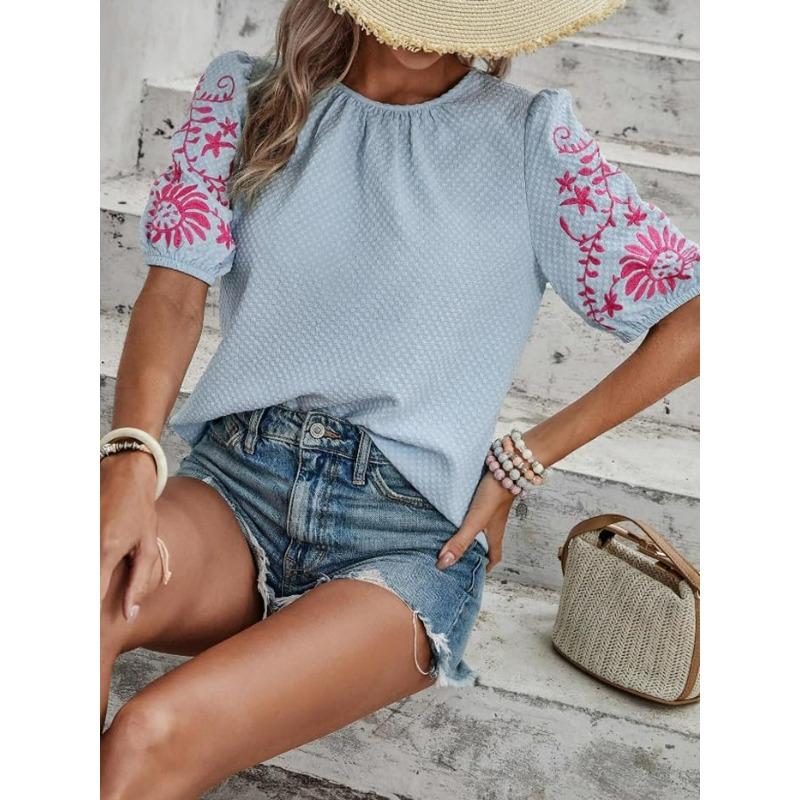 Women's Embroidered Blouse Short Sleeve Crew Neck Floral Sleeve Casual Summer Top