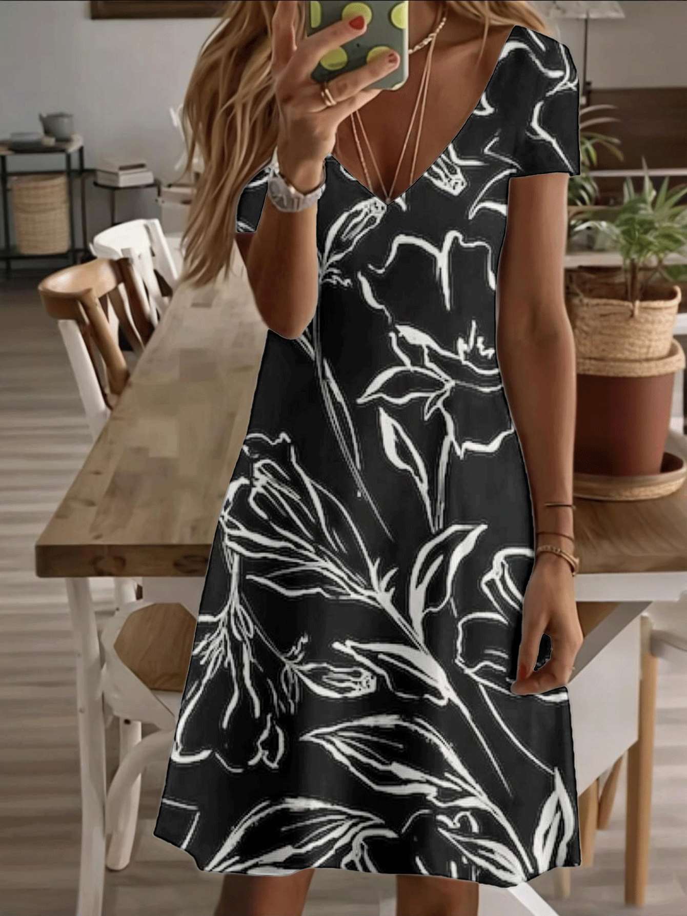 

Vneck shortsleeve midi dress black white floral print 3D highquality printing durable breathable lightweight elegant casual fashion women’s summer out 7XL дубильная кора
