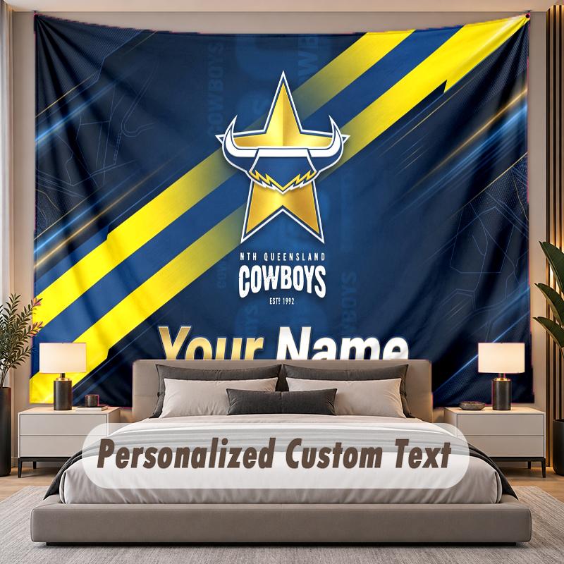 Custom Name Text Tapestry North Queensland Cowboys Personalized Polyester Wall Tapestry For Bedroom And Room