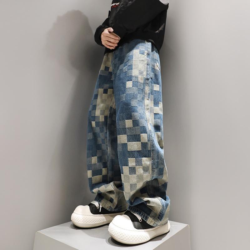 Primavera Nuovo Stile Jeans Uomo Jacquard Larghi a Gamba Larga a Mosaico a Scacchi