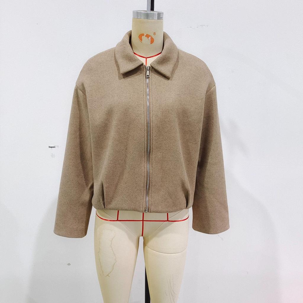 European & American Women's Fashion Casual Pleated Zipper Wool Jacket