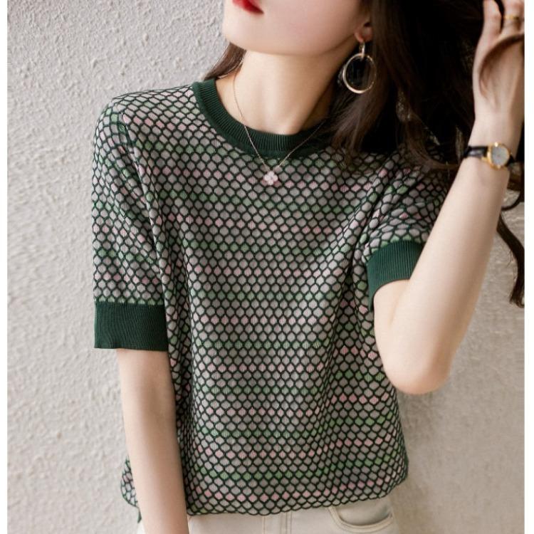 Nordic Simple Style Summer New Fish Scale Plaid Color Matching Short-sleeved Knitted T-shirt