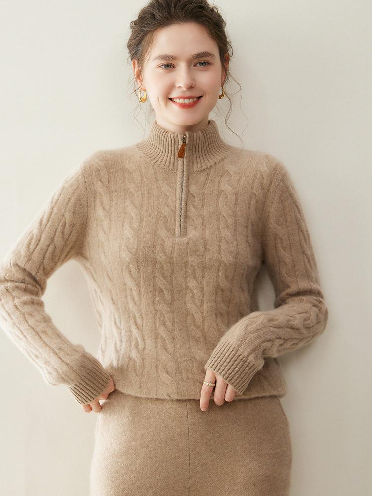 Women's Cashmere Knit Base Layer: Korean Style, Semi-High Neck, Long Sleeves, Half-Zip, Full Body Cable Knit Design. Fashionable & Versatile.
