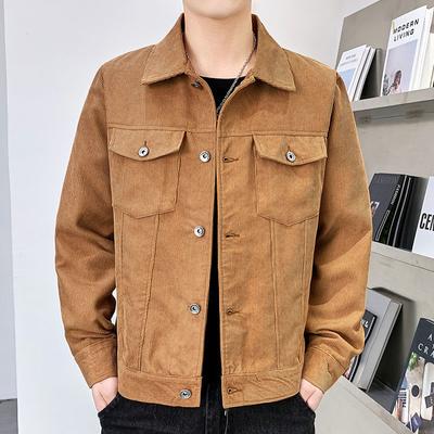 Jaquetas de Sarja Masculinas Primavera Outono Moda Estilo Coreano Cor Sólida Gola Virada para Baixo Casacos Casuais Outerwear Jaqueta Cargo Masculina