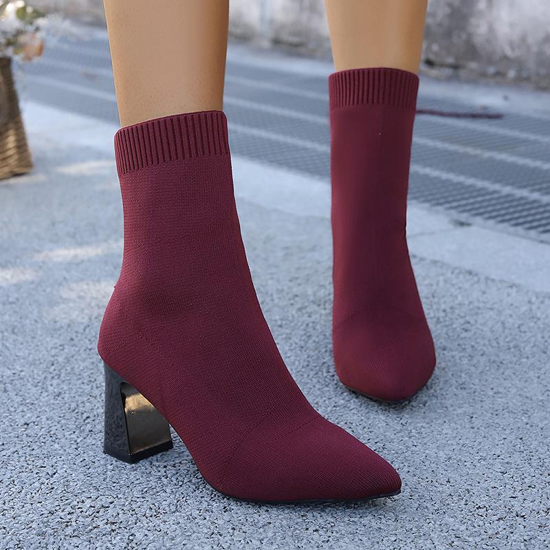 

Fashion Autumn Winter Knitted High Heel Boots Women 2025 Sexy Pointed Toe Ankle Boots Woman Plus Size 36-43 Thick Heels Booties Mujer 43 вино красного