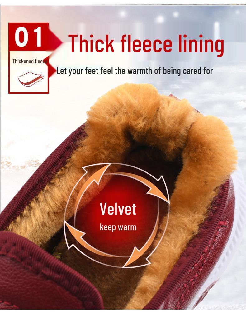 Leather Women's Waterproof Cotton Shoes - Winter Plush Warm Flat Slip-On Boots