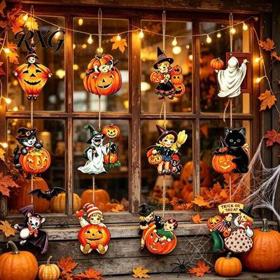 Bulk Halloween Decorations for Events Retro Wooden Pendants with Lanyard, Vintage Hanging Ornaments Pumpkin Ghost Black Decorative Wood Pieces Cat And