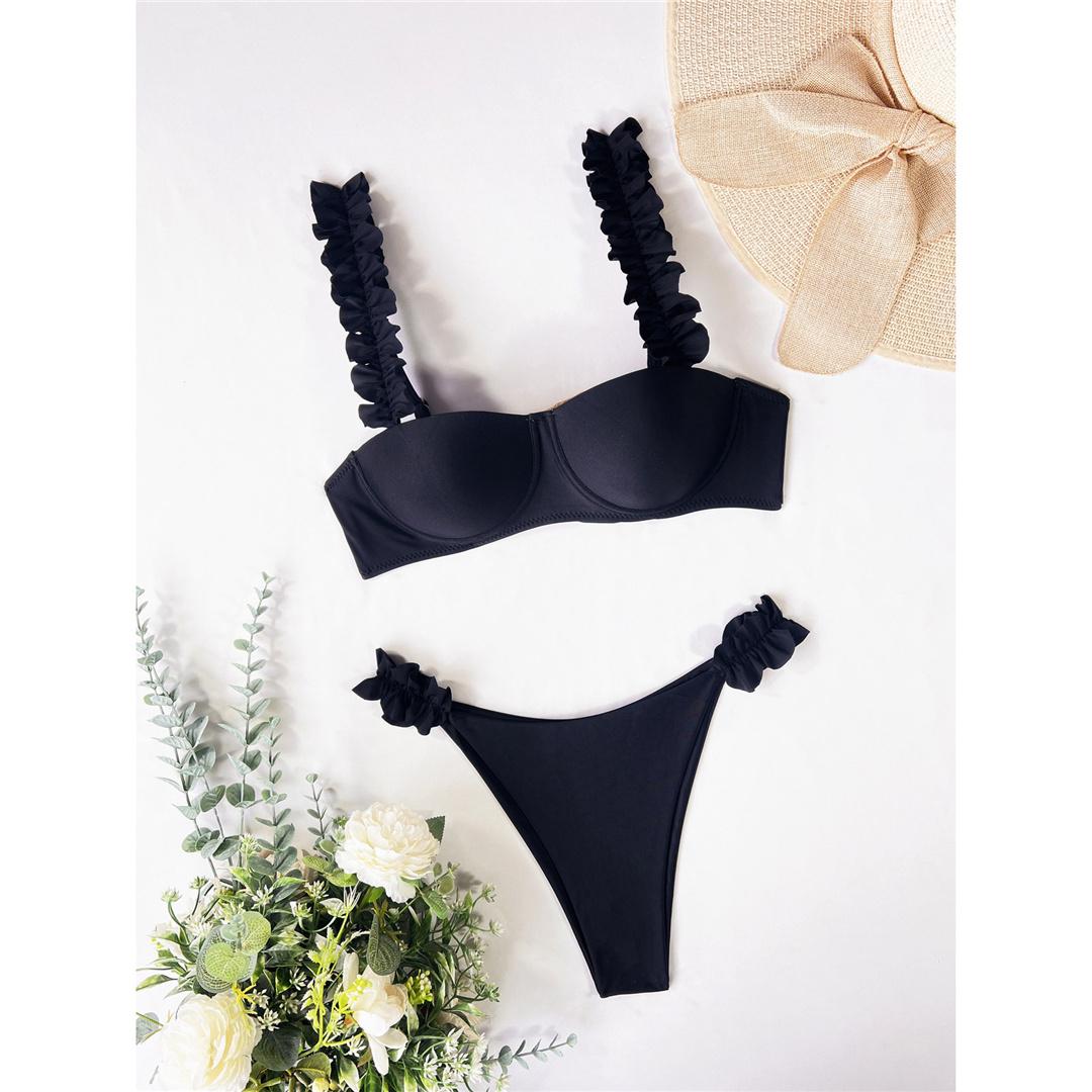 

Мода Новый оборчатый бикини Push Up купальник женский купальник женский двухсекционный комплект бикини с бюстгальтером купальный костюм женский купальник S чёрный