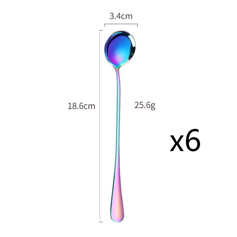 6Pcs Stainless Steel Coffee Tea Stir Spoon Long Handle Ice Cream Dessert Spoons Stainless Steel Tableware Set Kitchen Supplies