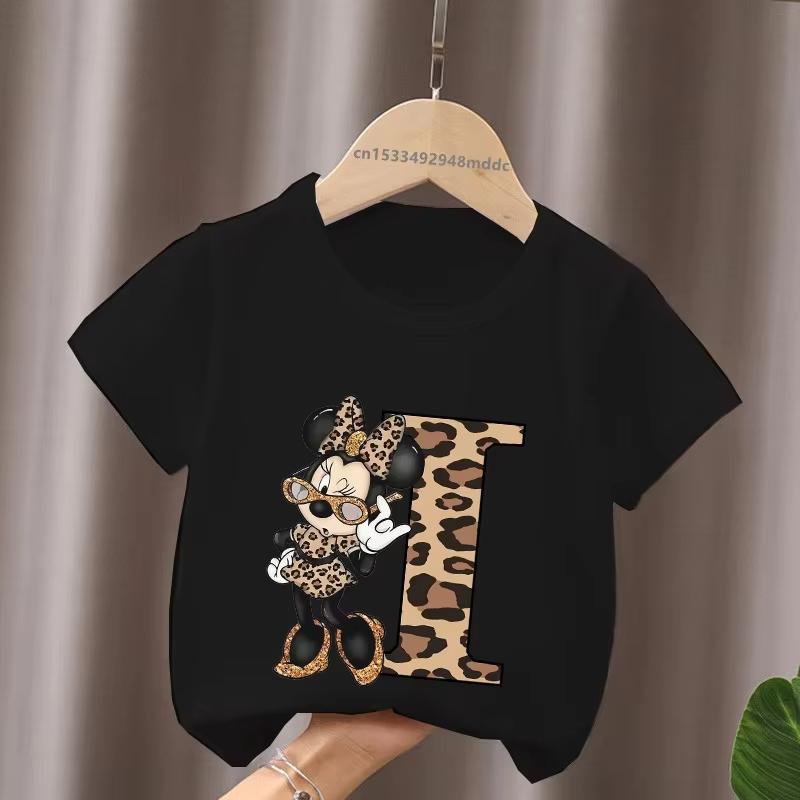 Mouse Leopard Letter A B C Name Print Unisex Women Tops Kids Tshirt Clothes Black Short Sleeve Black T Shirt