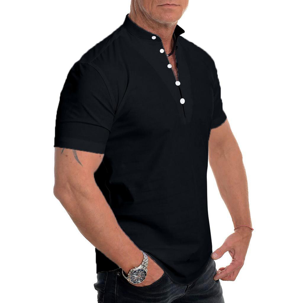 Men's Linen Short-sleeved Casual Shirt Collarless Standing Collar Summer Top