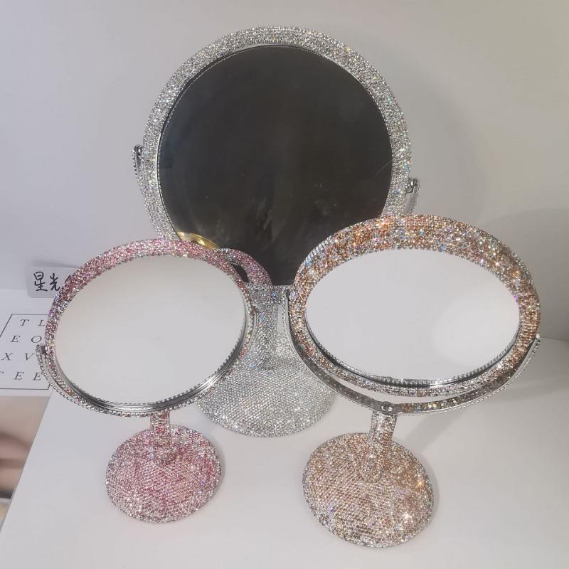 Shiny High-end Diamond Makeup Mirror Creative Rhinestone Mirror Rotatable Girl's Room Desktop Makeup Decoration Round Mirror