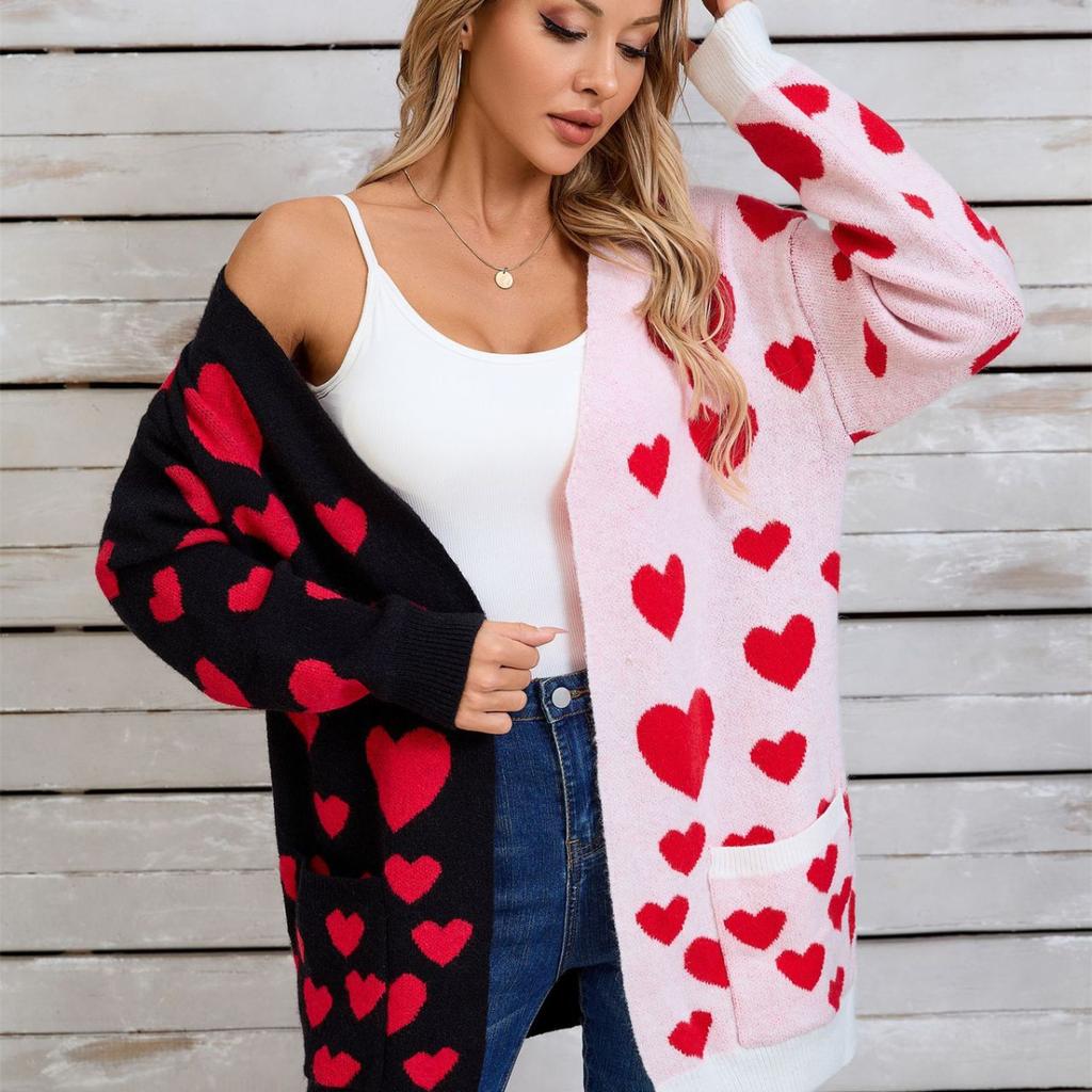 2025 Herbst Neuheit Splicing Strick Valentinstag Tasche Langer Cardigan Liebe Pullover