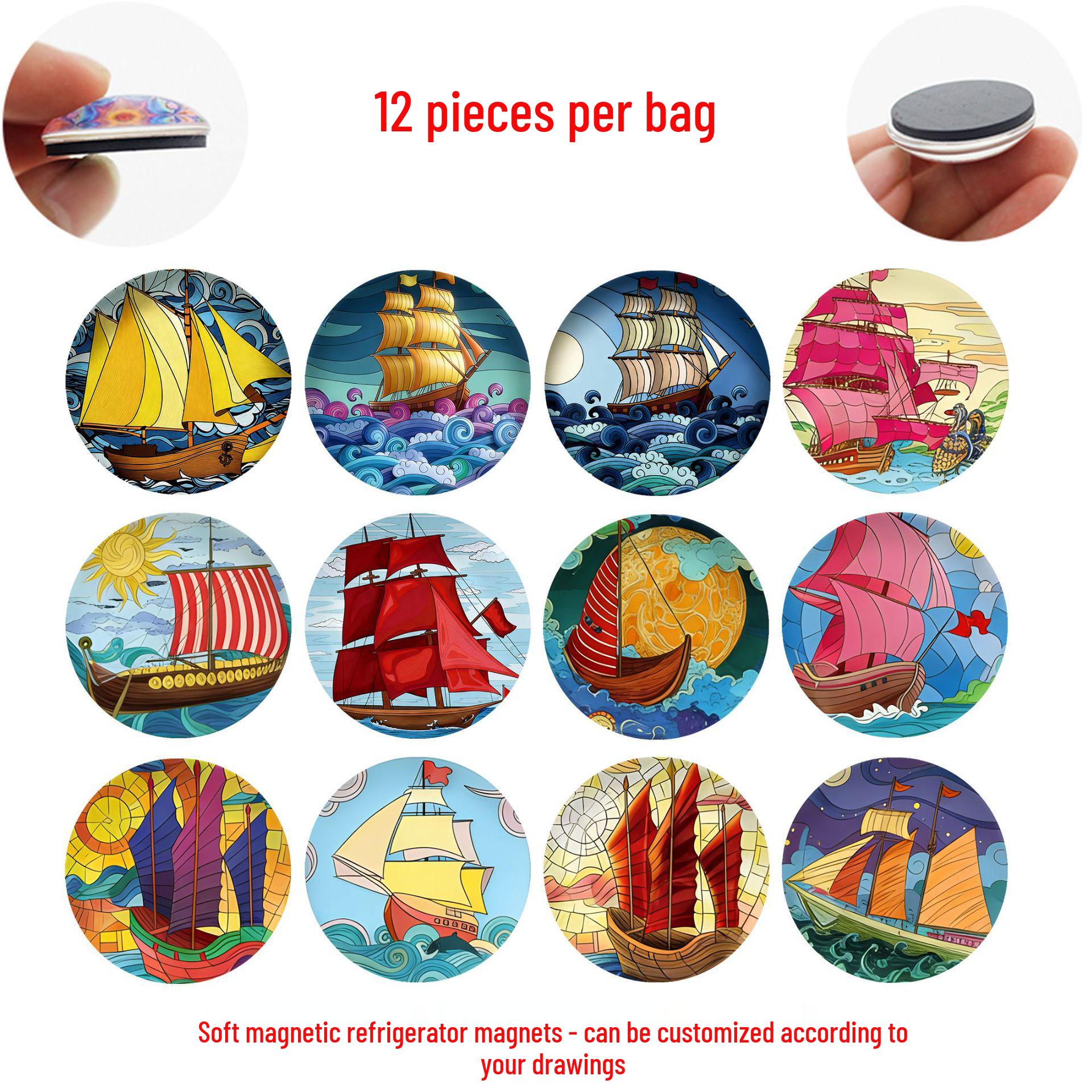 

Colorful Cartoon Sailboat Crystal Glass Refrigerator Magnet - Decorative Magnetic Sticker for Home. 25 mm Refrigerator Magnet Set of 12 (FDL644)