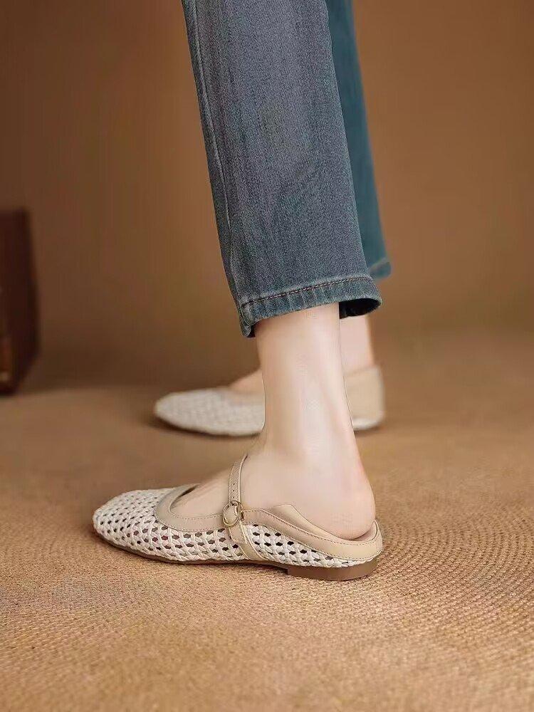 

Blue cabinet version~ French literary and artistic style woven hollow-out outer wear breathable Mary Jane sandals women s word with flat shoes 40