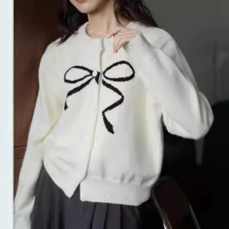 New Solid Color Sweet Age-reducing Bow Round Neck Jacquard Sweater Knitted Sweater Cardigan Jacket Women