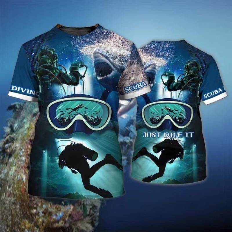 3D Diving Print Men's Novelty Short Sleeve Crew Neck T-shirt, Summer Outdoor