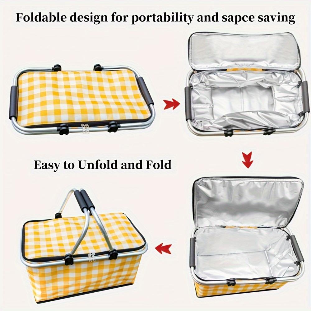 1 Stück zusammenklappbarer Picknick-Aufbewahrungskorb, tragbare isolierte Aufbewahrungsbox mit Metallgriff, heiß und kalt, großer zusammenklappbarer Aufbewahrungskorb