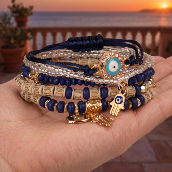 6Pcs/Set Women Bracelet Bohemia Style Elastic Rope Beads Bracelet with Palm Charm Adjustable Length Multi-layer Stackable Bracelets