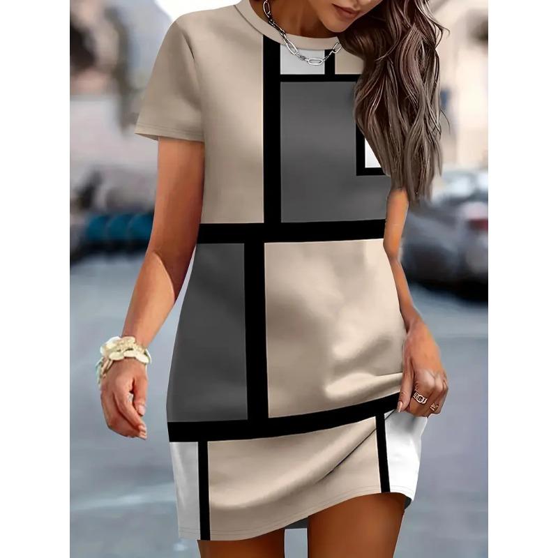 Women's Summer Casual Allover Simple Print O Neck Short Sleeve Dress Shirt Dresses For Women Y2k Ladies Clothes Woman Clothing