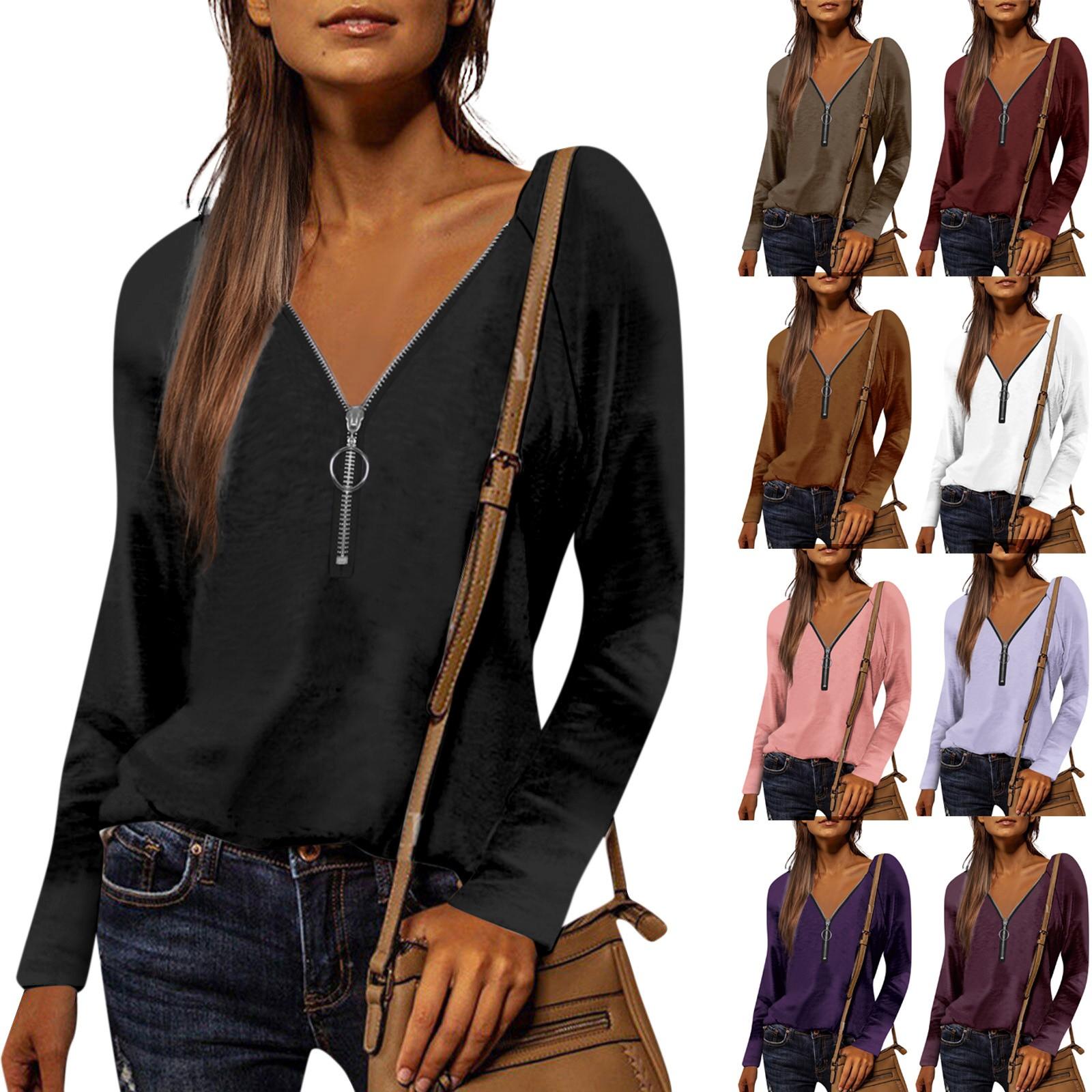 

Women s Shirt Blouse Casual Shirts Solid Long Sleeve V Neck Zipper Tee Pullover Tops