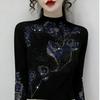 De Rong Women's Autumn/Winter Rhinestone Long-Sleeve Semi-High Neck Base Layer Shirt