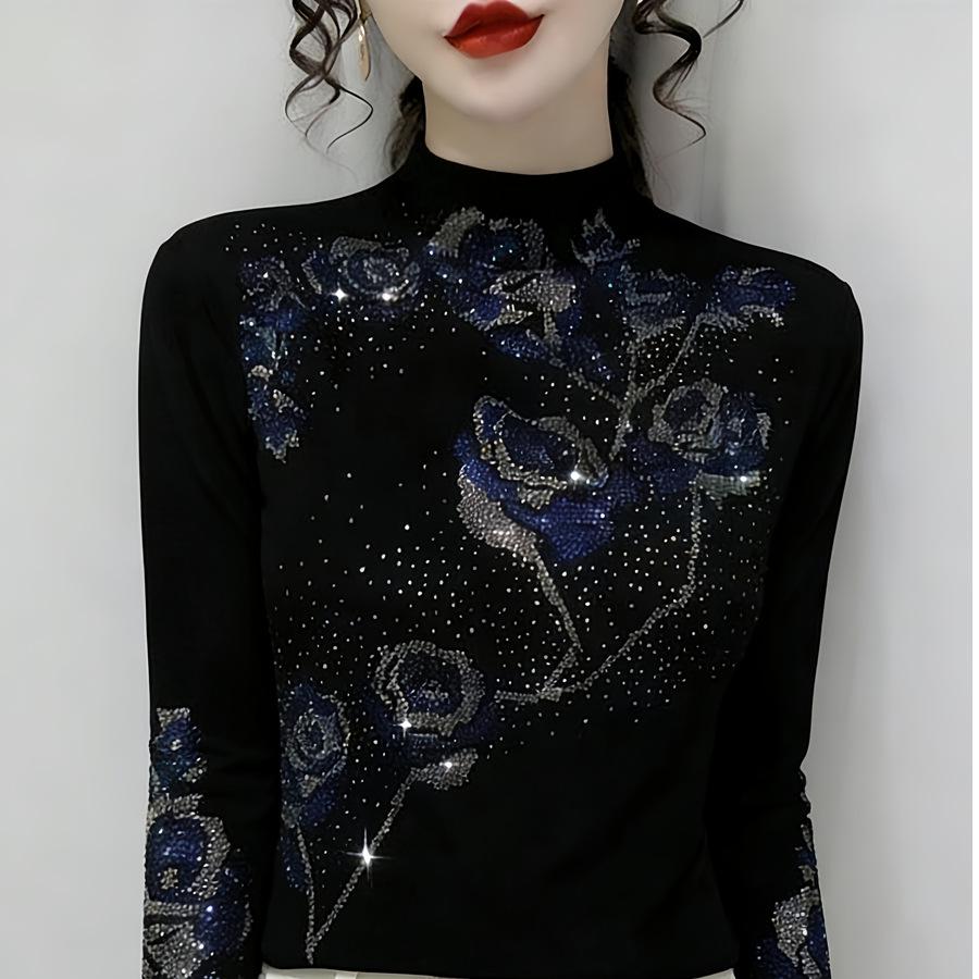 De Rong Women's Autumn/Winter Rhinestone Long-Sleeve Semi-High Neck Base Layer Shirt