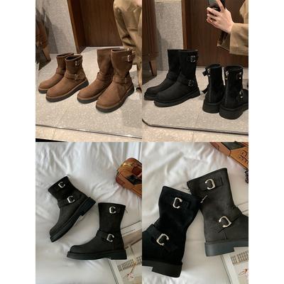 Cowhide Version of Retro Locomotive Buckle with Round Head Thick Sole Heightening Medium Tube Short Boots Autumn and Winter Martin Boots Women