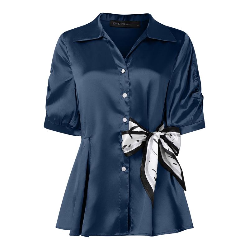 ZANZEA Damska Bluzka Satynowa z Kołnierzykiem i Krótkim Rękawem, Luźna, Casualowa, Patchworkowa