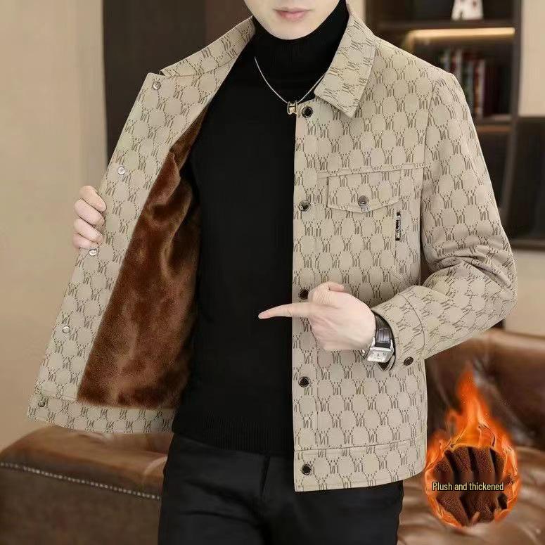 

High-End Men s Trendy Lapel Casual Jacket with Fleece Lining for Autumn and Winter M (85-100 lbs) хакі