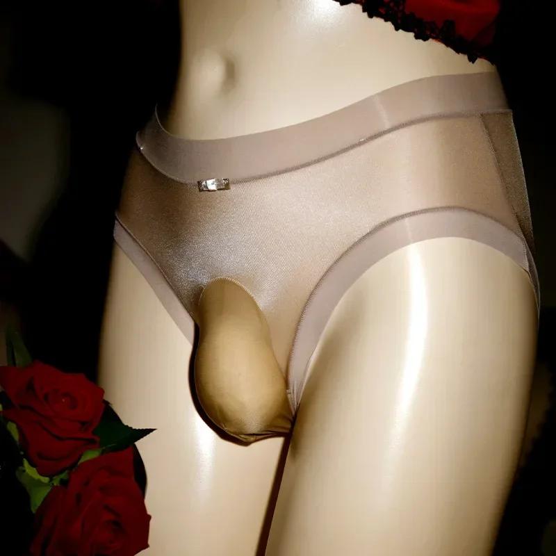 Men Lace Silky Sissy Peni Sleeve Underwear Men'S Briefs Underpants Breathable Transparent Quick-Drying Glossy Ice Silk Panties