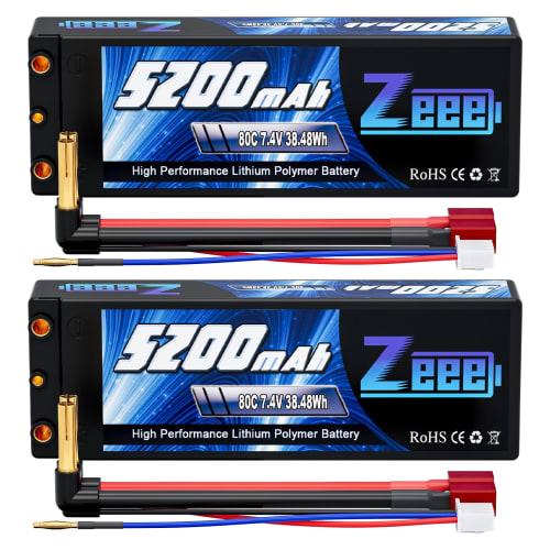 Zeee 7.4V 80C 5200mAh 2S LiPo Battery, RC Battery, High Capacity Battery for RC Cars, RC Trucks, Drones, etc. (4mm Gold Plug with T-Plug) (2-Pack)